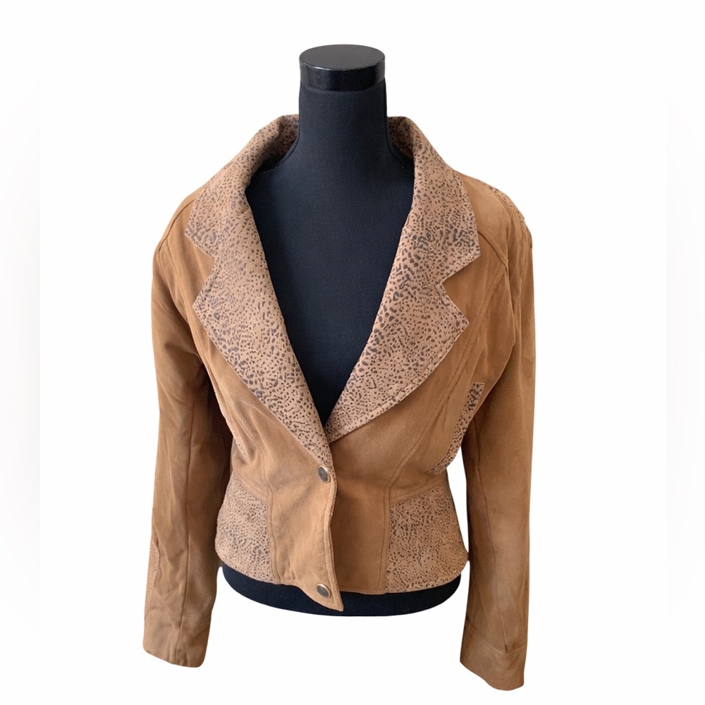 Adler Genuine Leather Tan Jacket Leopard Trim Tailored Blazer Women’s M